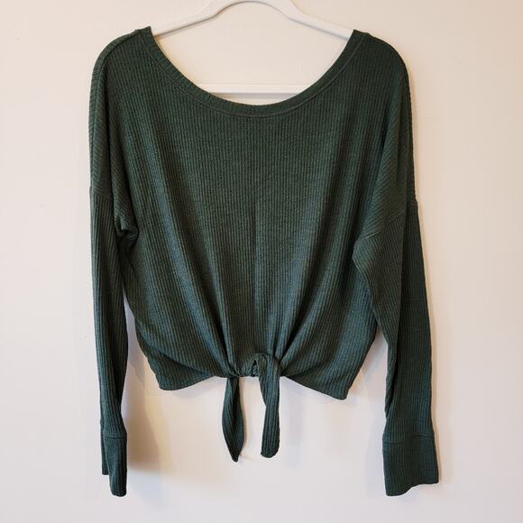 Abercrombie Fitch Size M Long Sleeve Ribbed Tie Front Top Ribbed Green Soft Cozy - Picture 1 of 11